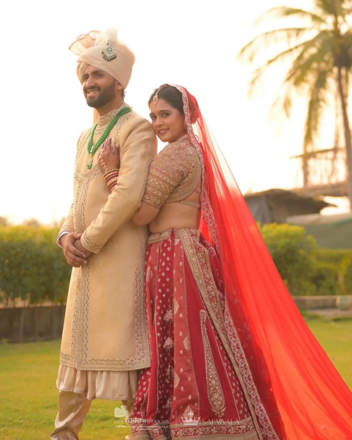 Classic groom pagdi styled with a red ceremonial stole for Amritsar